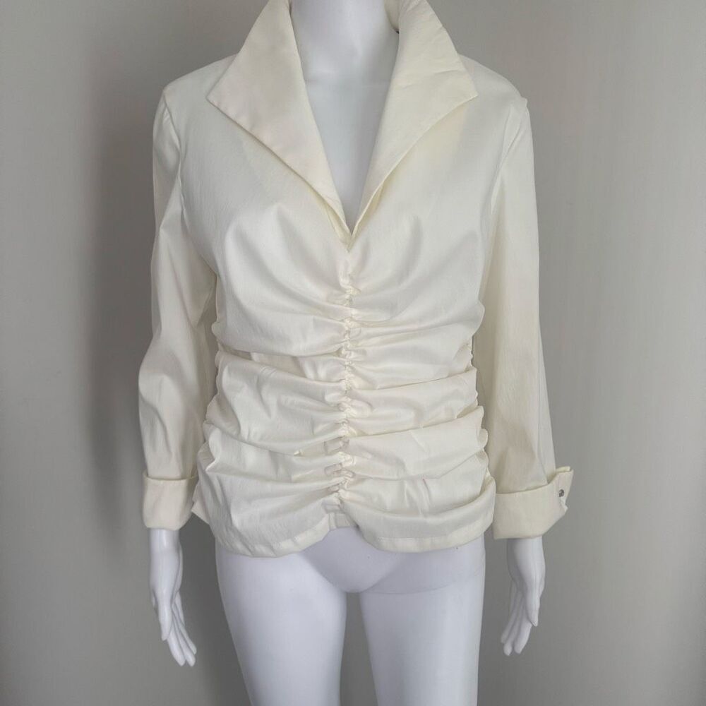 Tadashi Collection Ruched Taffeta Stretch Blouse With Button Detail White